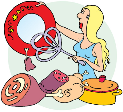 Девушка стряхивает с тарелки мясные продукты