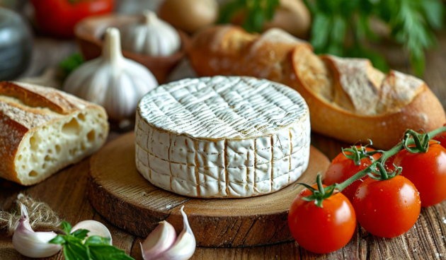 Сыр камамбер с багетом, помидорами черри и чесноком
