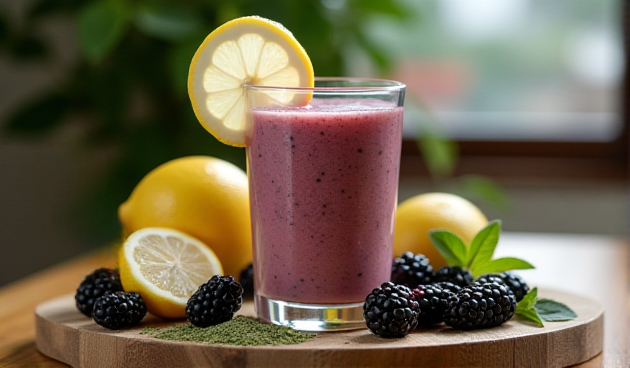 Смузи с ежевикой, лимоном, чаем матча и натуральным медом