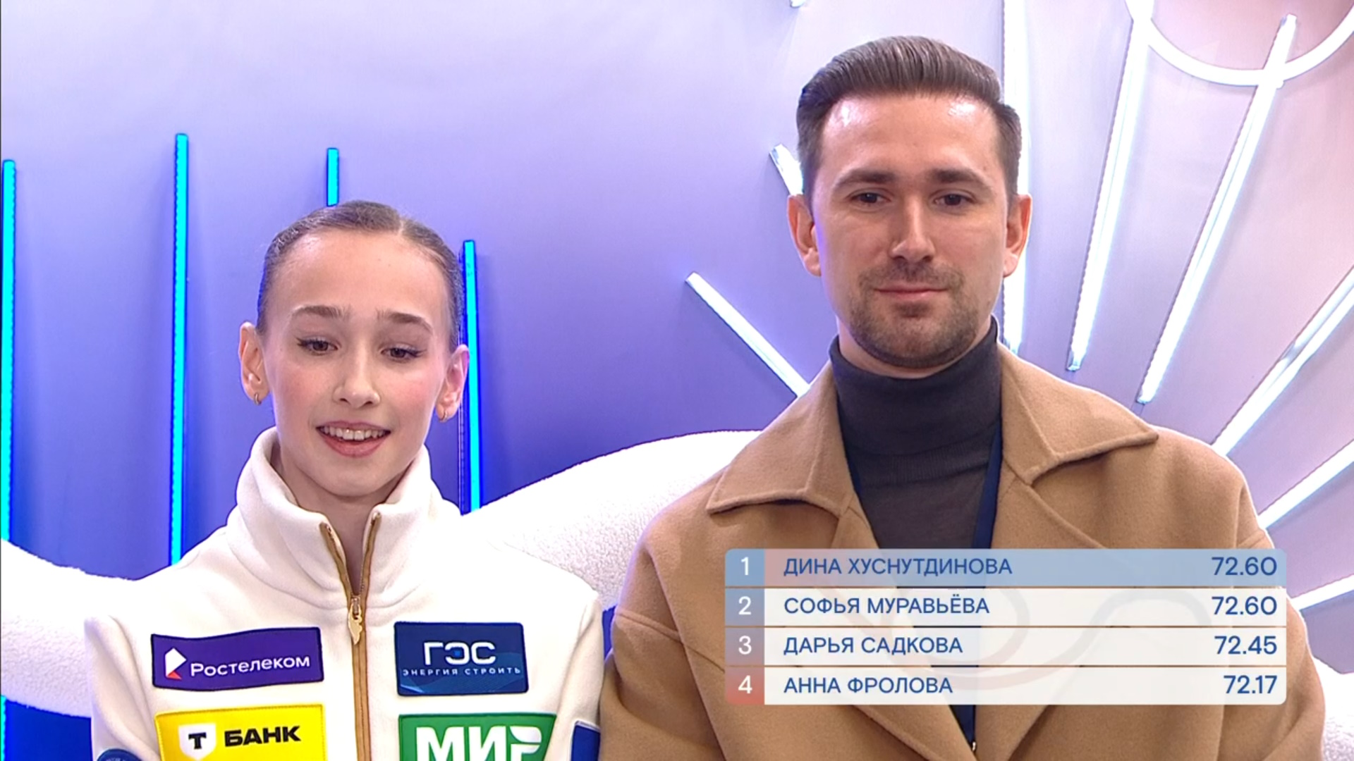 У Дины Хуснутдиновой и Софьи Муравьевой - равное число баллов. Фото: стоп-кадр прямого эфира